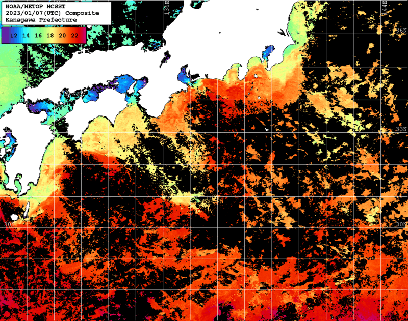 NOAA、MetOp 人工衛星画像 検索結果, 水温分布を図示