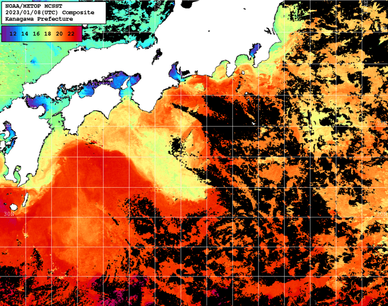 NOAA、MetOp 人工衛星画像 検索結果, 水温分布を図示