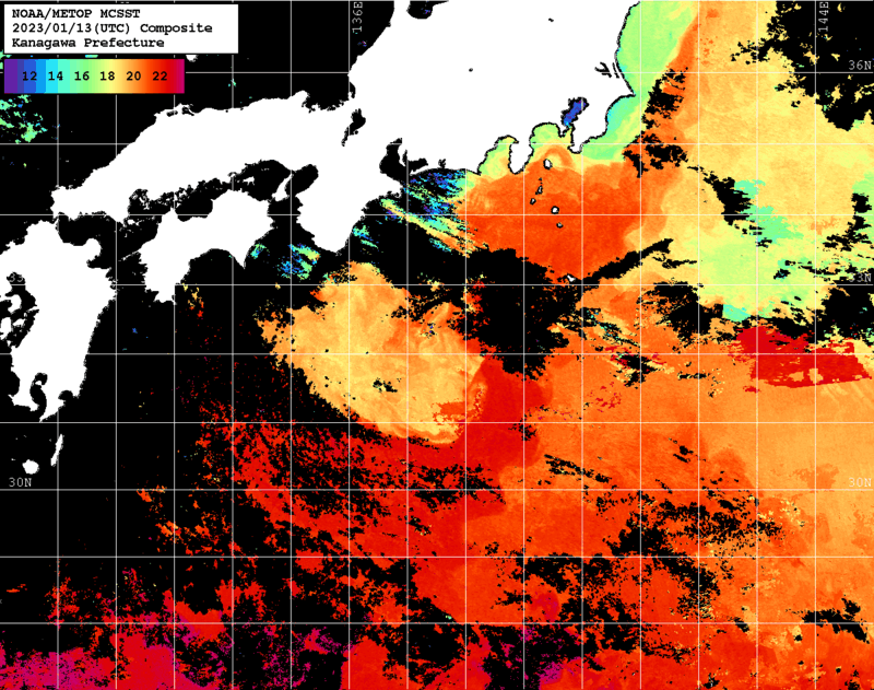 NOAA、MetOp 人工衛星画像 検索結果, 水温分布を図示