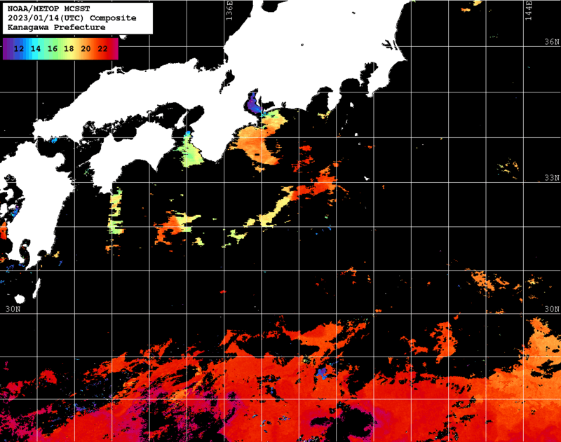 NOAA、MetOp 人工衛星画像 検索結果, 水温分布を図示
