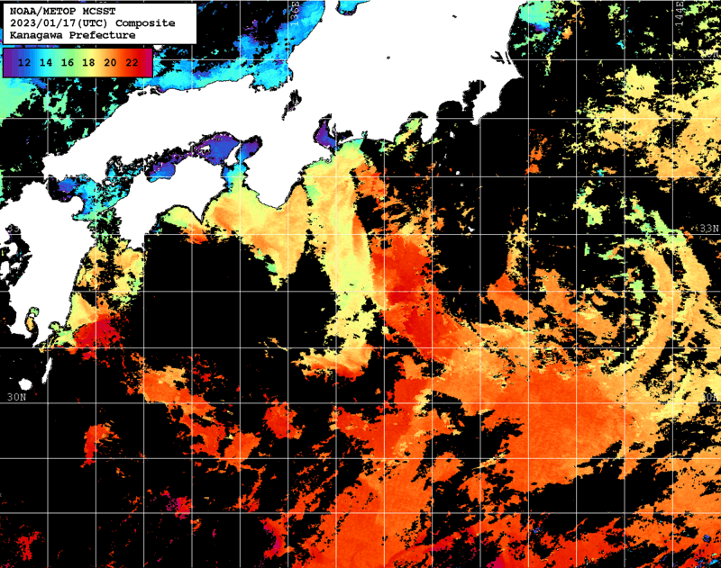 NOAA、MetOp 人工衛星画像 検索結果, 水温分布を図示