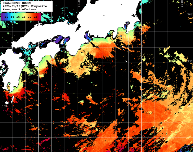 NOAA、MetOp 人工衛星画像 検索結果, 水温分布を図示