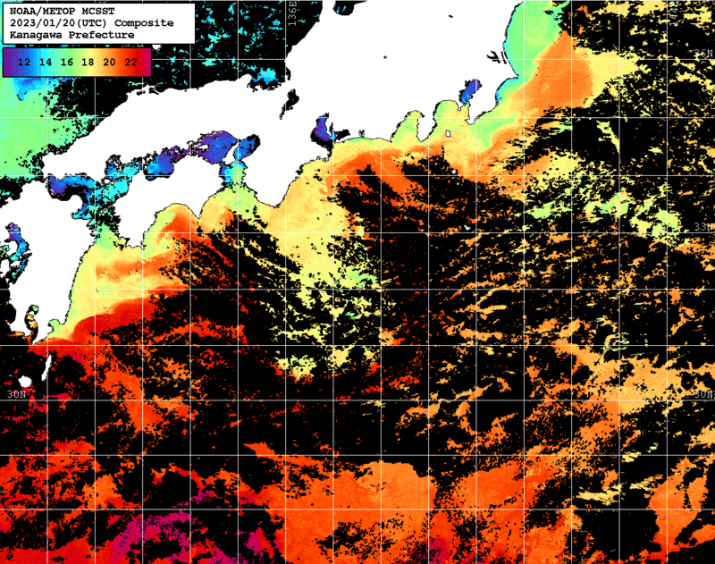 NOAA、MetOp 人工衛星画像 検索結果, 水温分布を図示