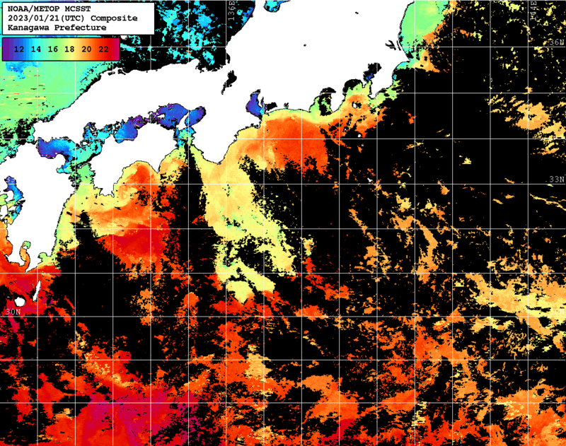 NOAA、MetOp 人工衛星画像 検索結果, 水温分布を図示