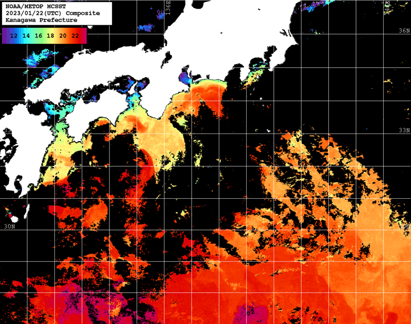 NOAA、MetOp 人工衛星画像 検索結果, 水温分布を図示