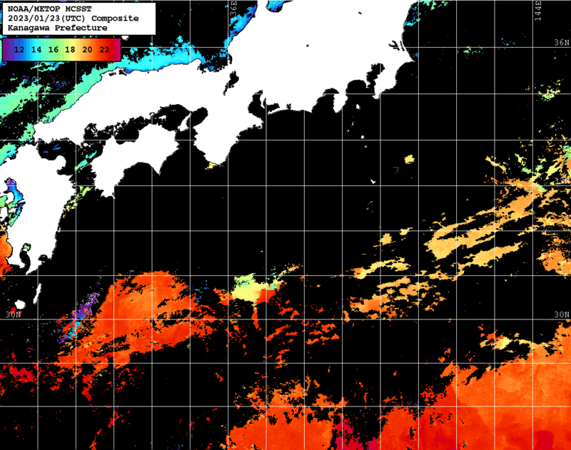 NOAA、MetOp 人工衛星画像 検索結果, 水温分布を図示