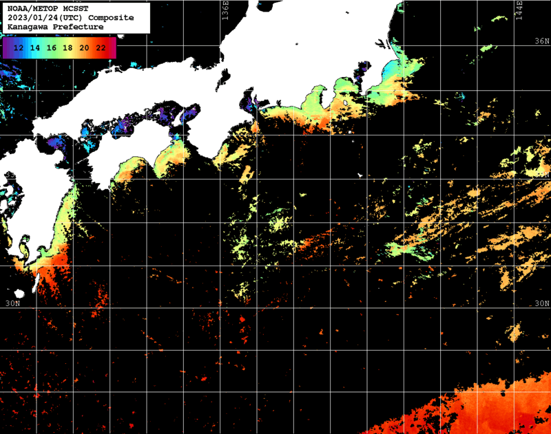 NOAA、MetOp 人工衛星画像 検索結果, 水温分布を図示