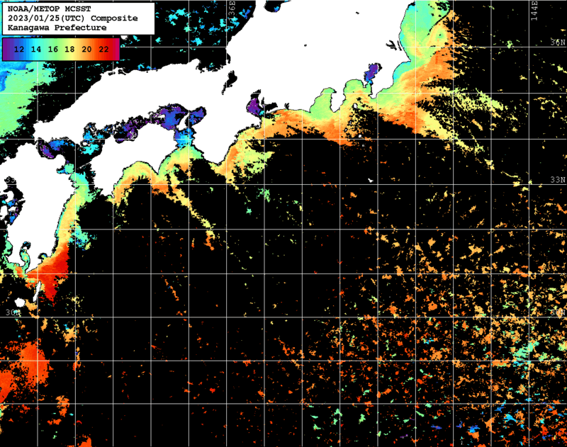 NOAA、MetOp 人工衛星画像 検索結果, 水温分布を図示