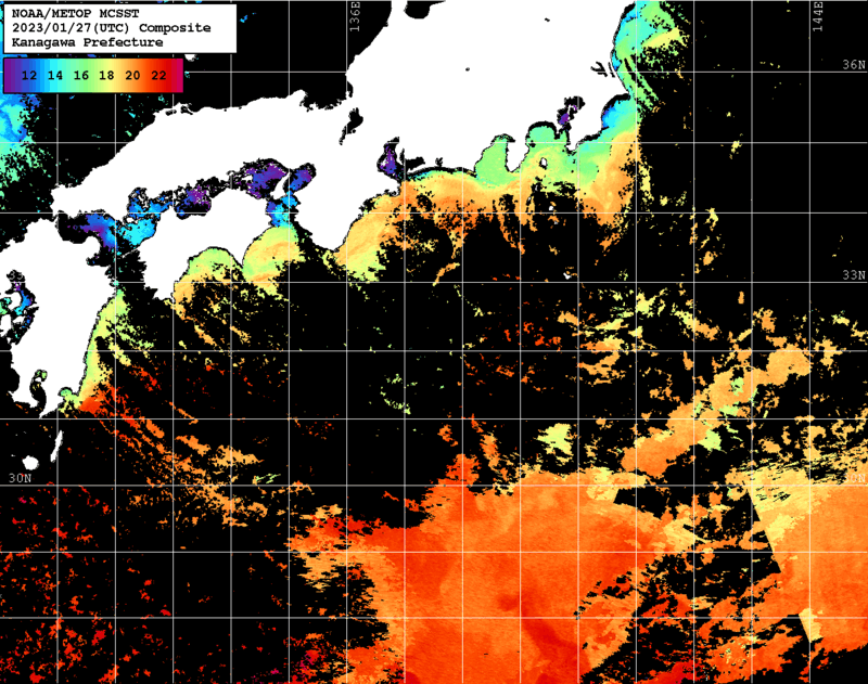 NOAA、MetOp 人工衛星画像 検索結果, 水温分布を図示