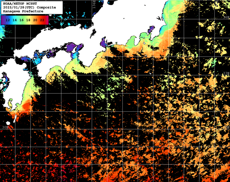 NOAA、MetOp 人工衛星画像 検索結果, 水温分布を図示