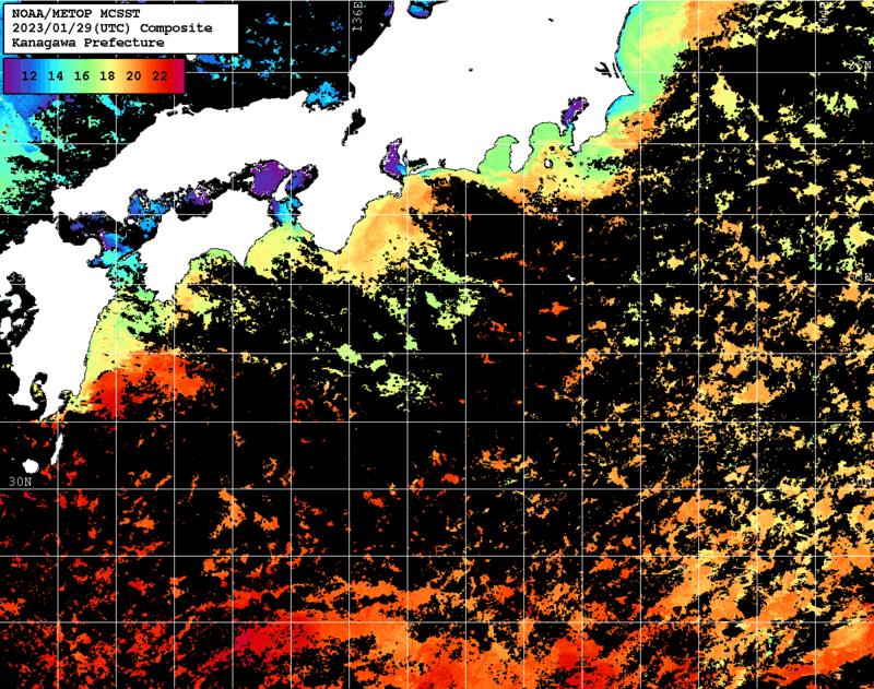 NOAA、MetOp 人工衛星画像 検索結果, 水温分布を図示