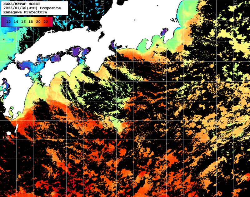NOAA、MetOp 人工衛星画像 検索結果, 水温分布を図示