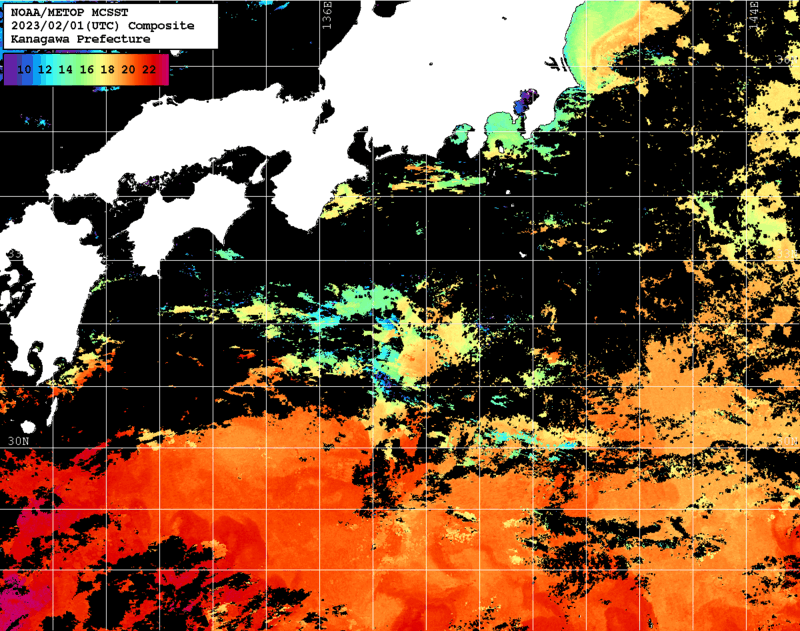 NOAA、MetOp 人工衛星画像 検索結果, 水温分布を図示