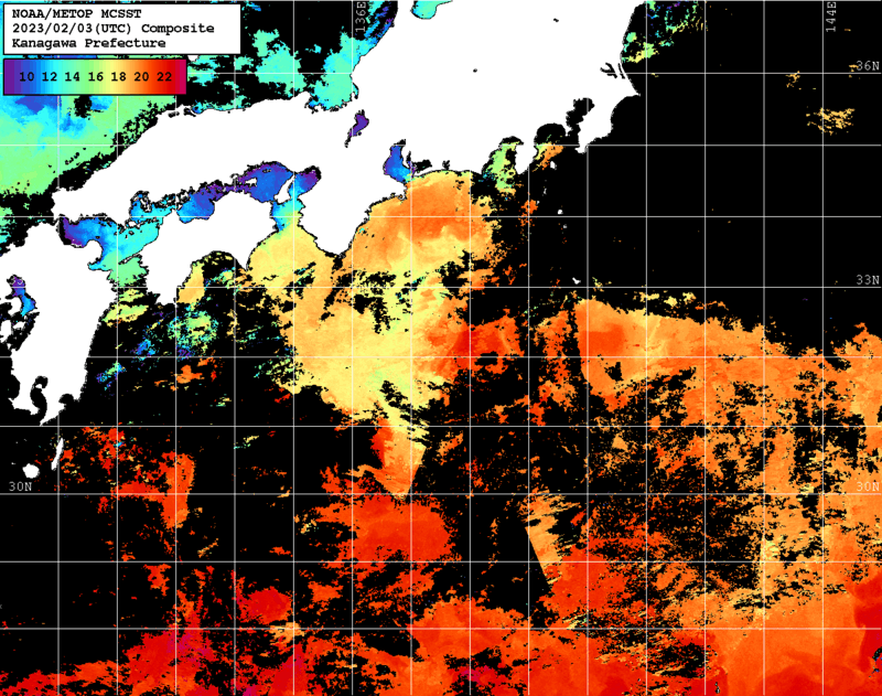 NOAA、MetOp 人工衛星画像 検索結果, 水温分布を図示