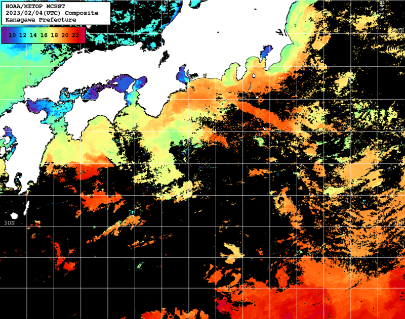 NOAA、MetOp 人工衛星画像 検索結果, 水温分布を図示