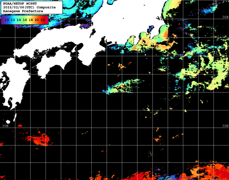 NOAA、MetOp 人工衛星画像 検索結果, 水温分布を図示