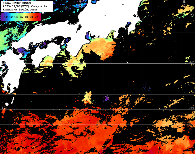 NOAA、MetOp 人工衛星画像 検索結果, 水温分布を図示