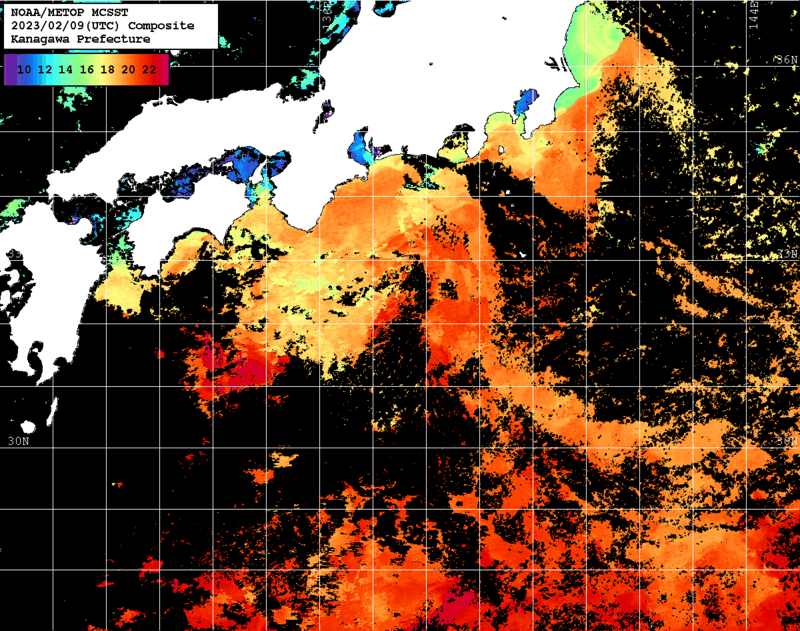 NOAA、MetOp 人工衛星画像 検索結果, 水温分布を図示