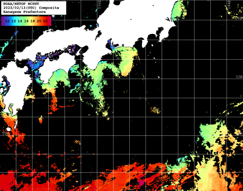 NOAA、MetOp 人工衛星画像 検索結果, 水温分布を図示