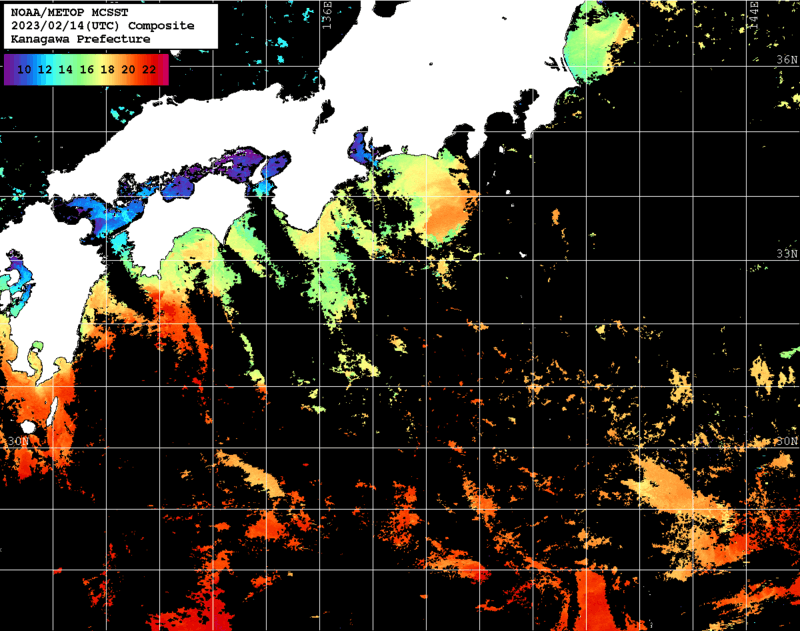 NOAA、MetOp 人工衛星画像 検索結果, 水温分布を図示