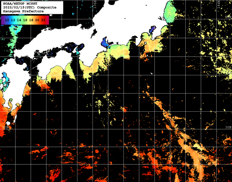 NOAA、MetOp 人工衛星画像 検索結果, 水温分布を図示