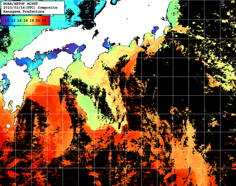 NOAA、MetOp 人工衛星画像 検索結果, 水温分布を図示