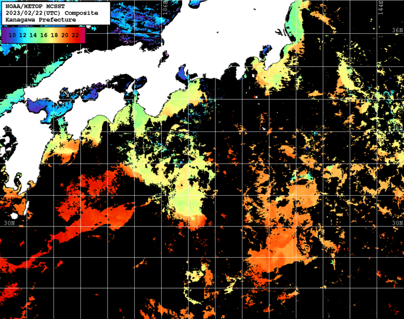 NOAA、MetOp 人工衛星画像 検索結果, 水温分布を図示
