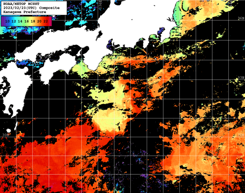 NOAA、MetOp 人工衛星画像 検索結果, 水温分布を図示