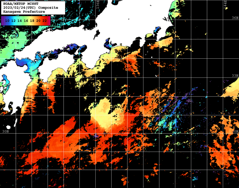 NOAA、MetOp 人工衛星画像 検索結果, 水温分布を図示