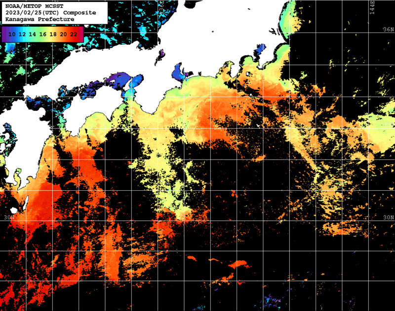 NOAA、MetOp 人工衛星画像 検索結果, 水温分布を図示
