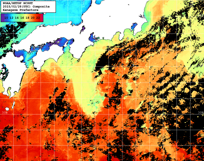 NOAA、MetOp 人工衛星画像 検索結果, 水温分布を図示