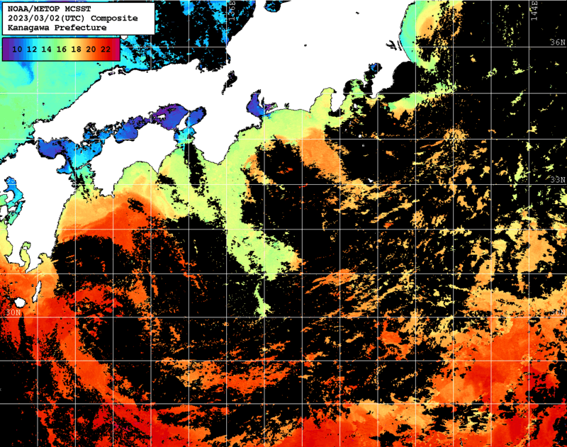 NOAA、MetOp 人工衛星画像 検索結果, 水温分布を図示