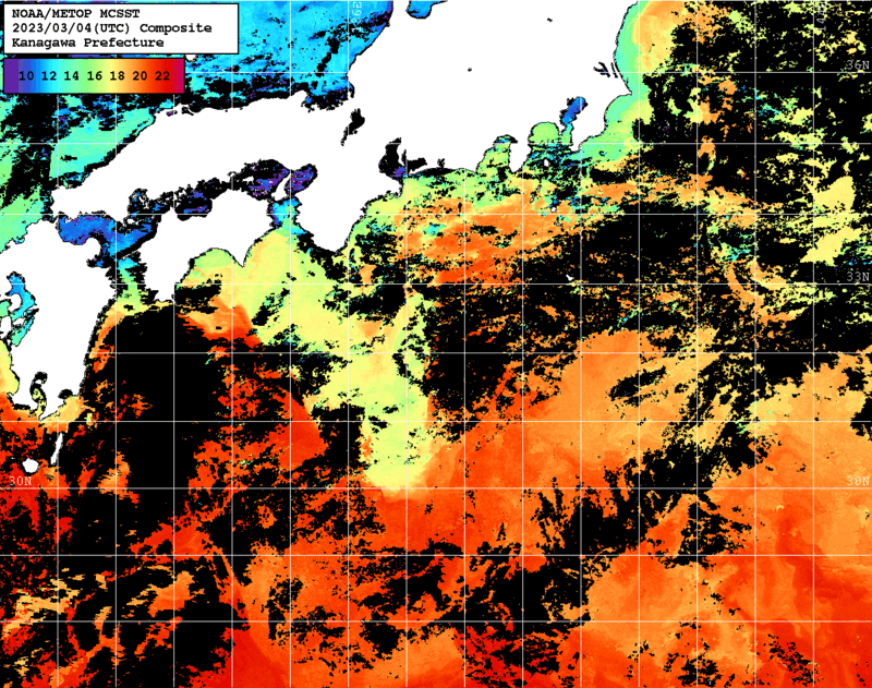 NOAA、MetOp 人工衛星画像 検索結果, 水温分布を図示