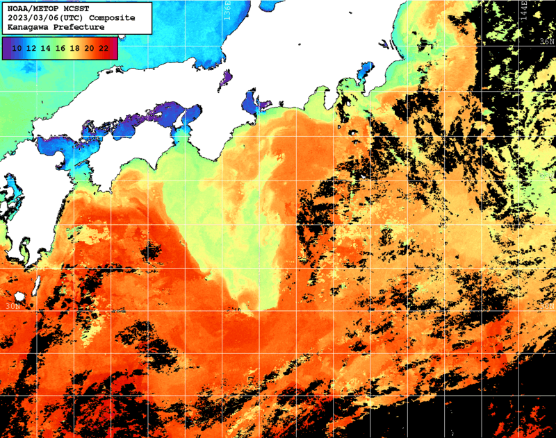 NOAA、MetOp 人工衛星画像 検索結果, 水温分布を図示