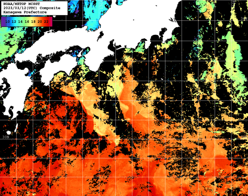 NOAA、MetOp 人工衛星画像 検索結果, 水温分布を図示