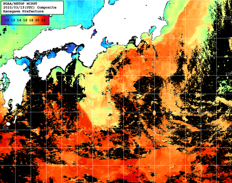 NOAA、MetOp 人工衛星画像 検索結果, 水温分布を図示