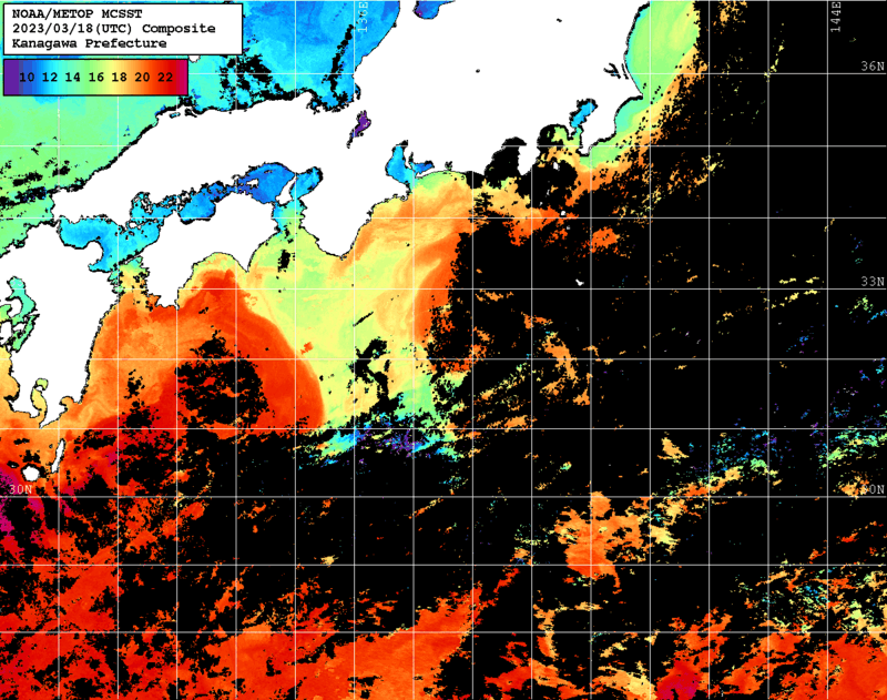 NOAA、MetOp 人工衛星画像 検索結果, 水温分布を図示