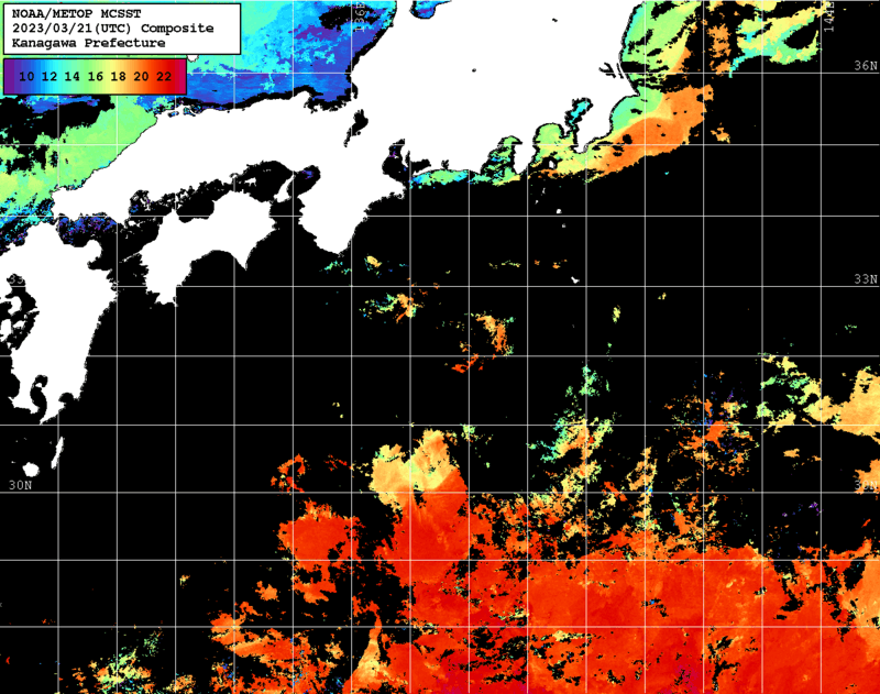 NOAA、MetOp 人工衛星画像 検索結果, 水温分布を図示