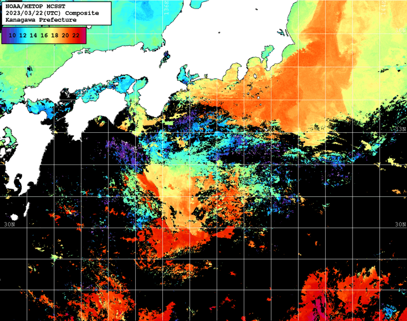 NOAA、MetOp 人工衛星画像 検索結果, 水温分布を図示