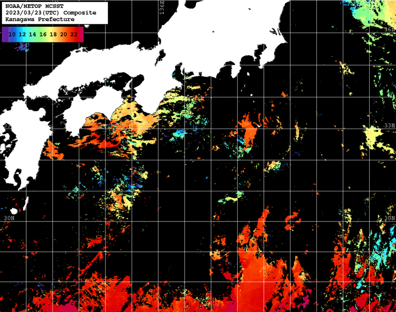 NOAA、MetOp 人工衛星画像 検索結果, 水温分布を図示