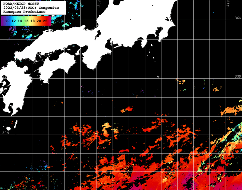 NOAA、MetOp 人工衛星画像 検索結果, 水温分布を図示