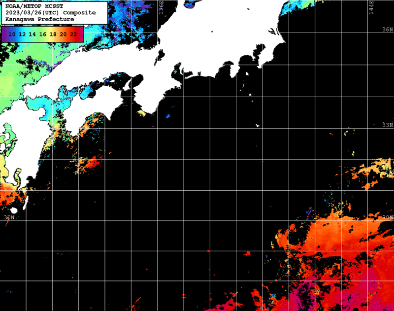 NOAA、MetOp 人工衛星画像 検索結果, 水温分布を図示