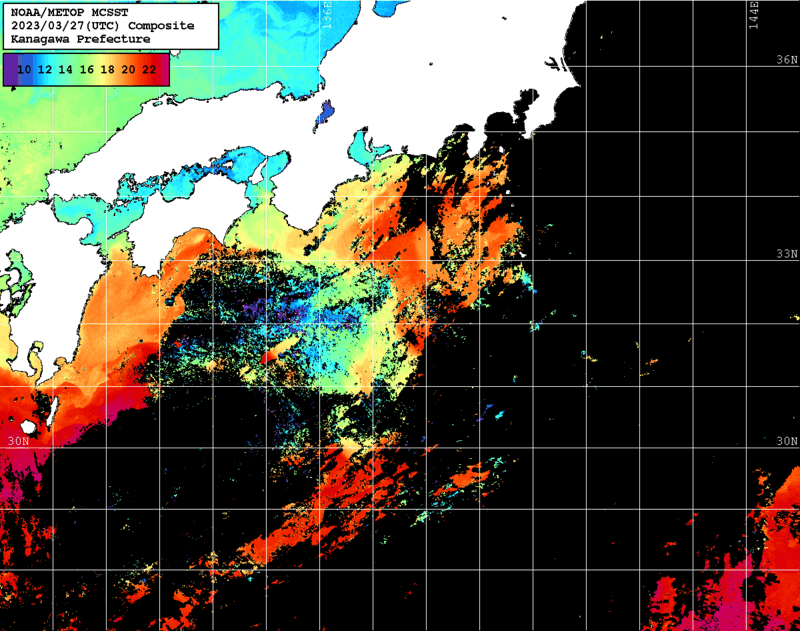 NOAA、MetOp 人工衛星画像 検索結果, 水温分布を図示