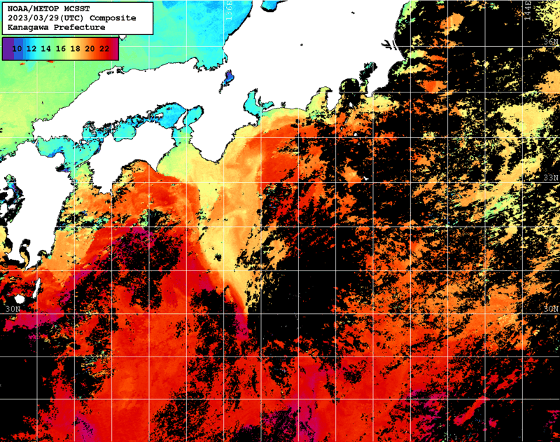 NOAA、MetOp 人工衛星画像 検索結果, 水温分布を図示