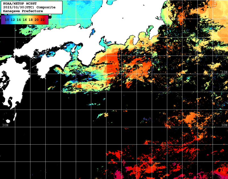 NOAA、MetOp 人工衛星画像 検索結果, 水温分布を図示