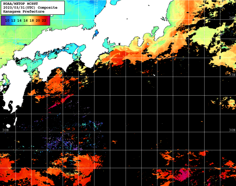 NOAA、MetOp 人工衛星画像 検索結果, 水温分布を図示