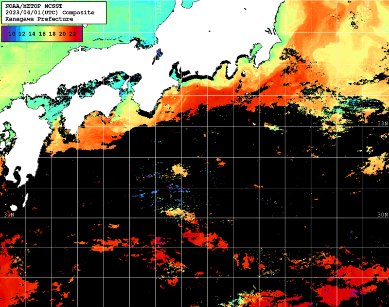 NOAA、MetOp 人工衛星画像 検索結果, 水温分布を図示
