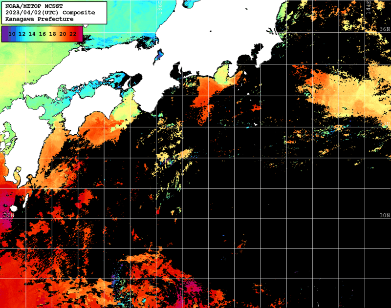 NOAA、MetOp 人工衛星画像 検索結果, 水温分布を図示