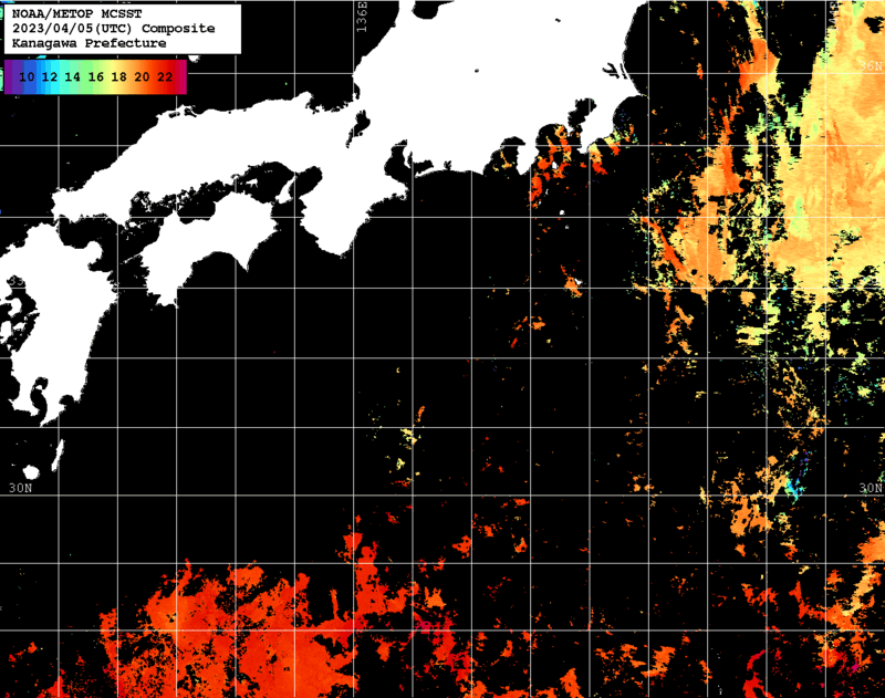 NOAA、MetOp 人工衛星画像 検索結果, 水温分布を図示