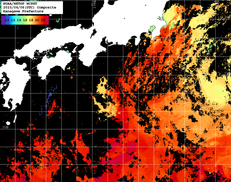 NOAA、MetOp 人工衛星画像 検索結果, 水温分布を図示